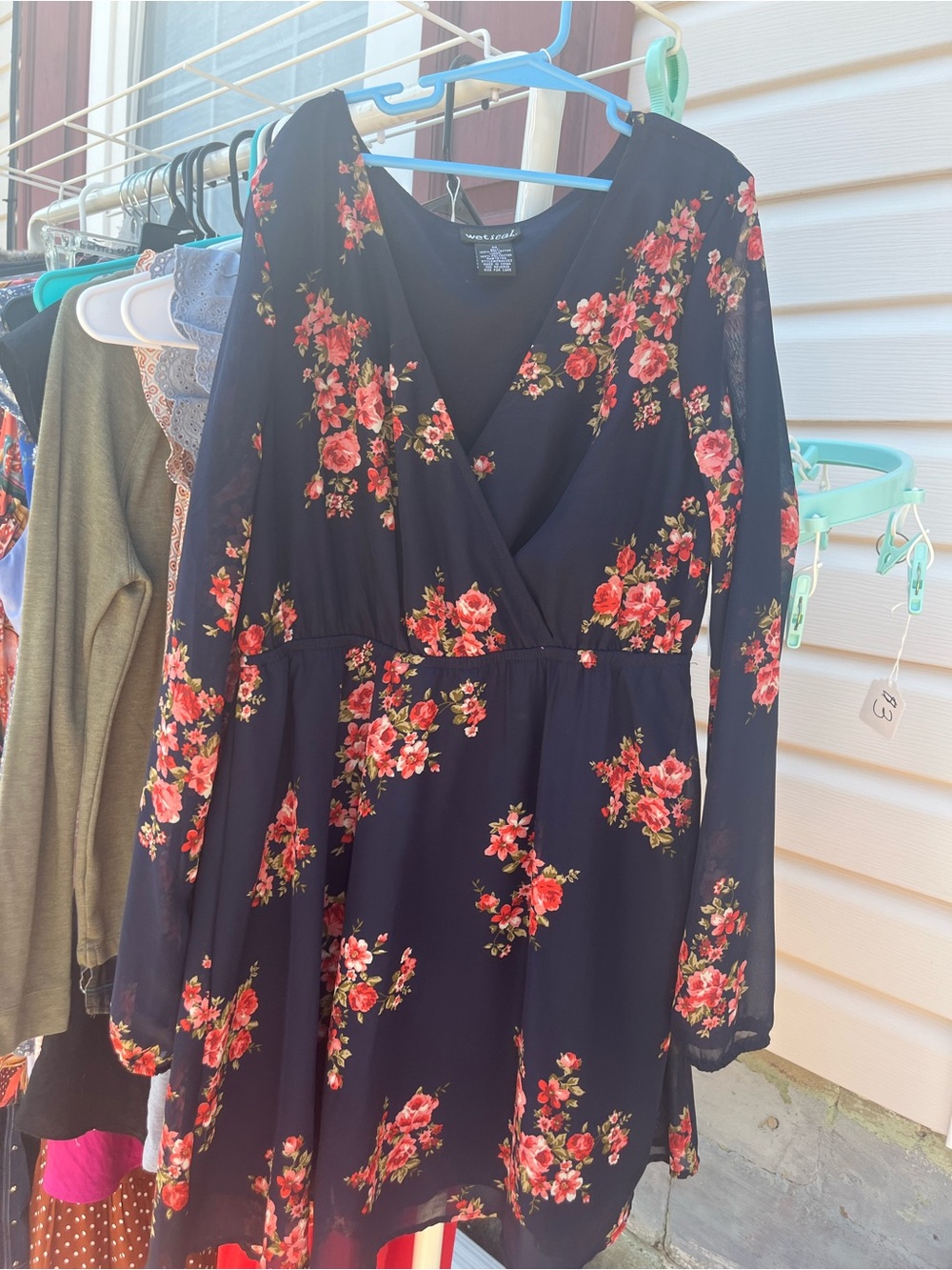 Floral Long-Sleeve Wrap Dress - Navy with Red Floral